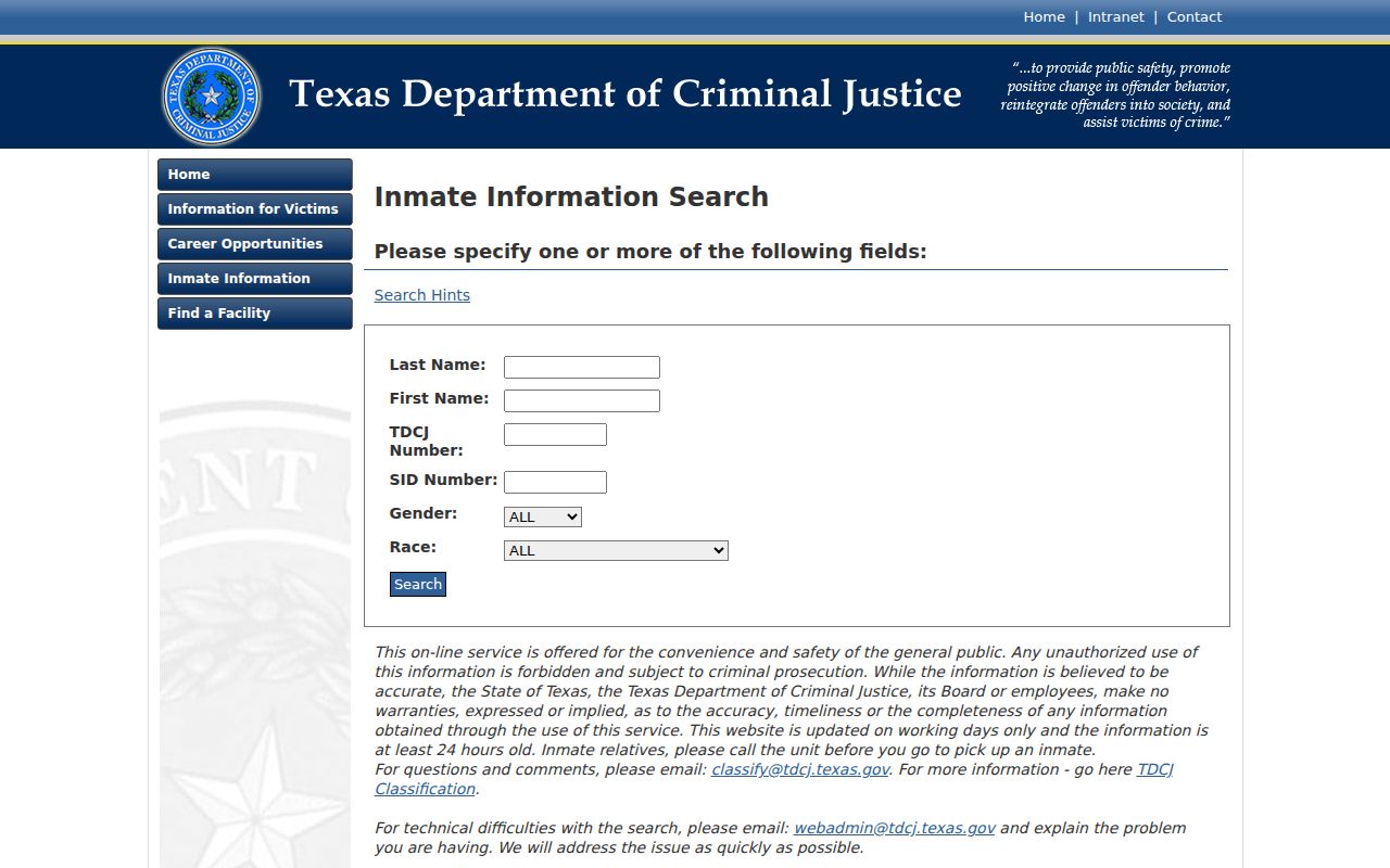 Cherokee County arrest search TDCJ inmate custody lookup