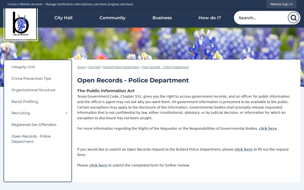 Bullard police open records form for criminal report requests