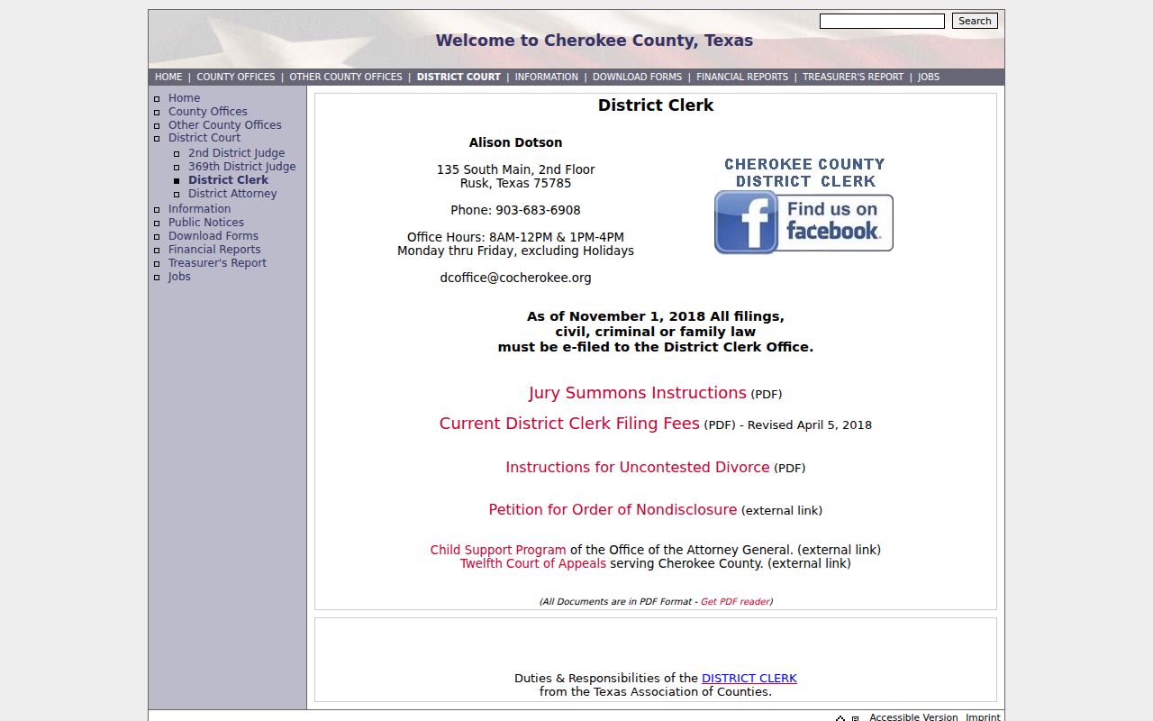 Cherokee County criminal court case District Clerk records page