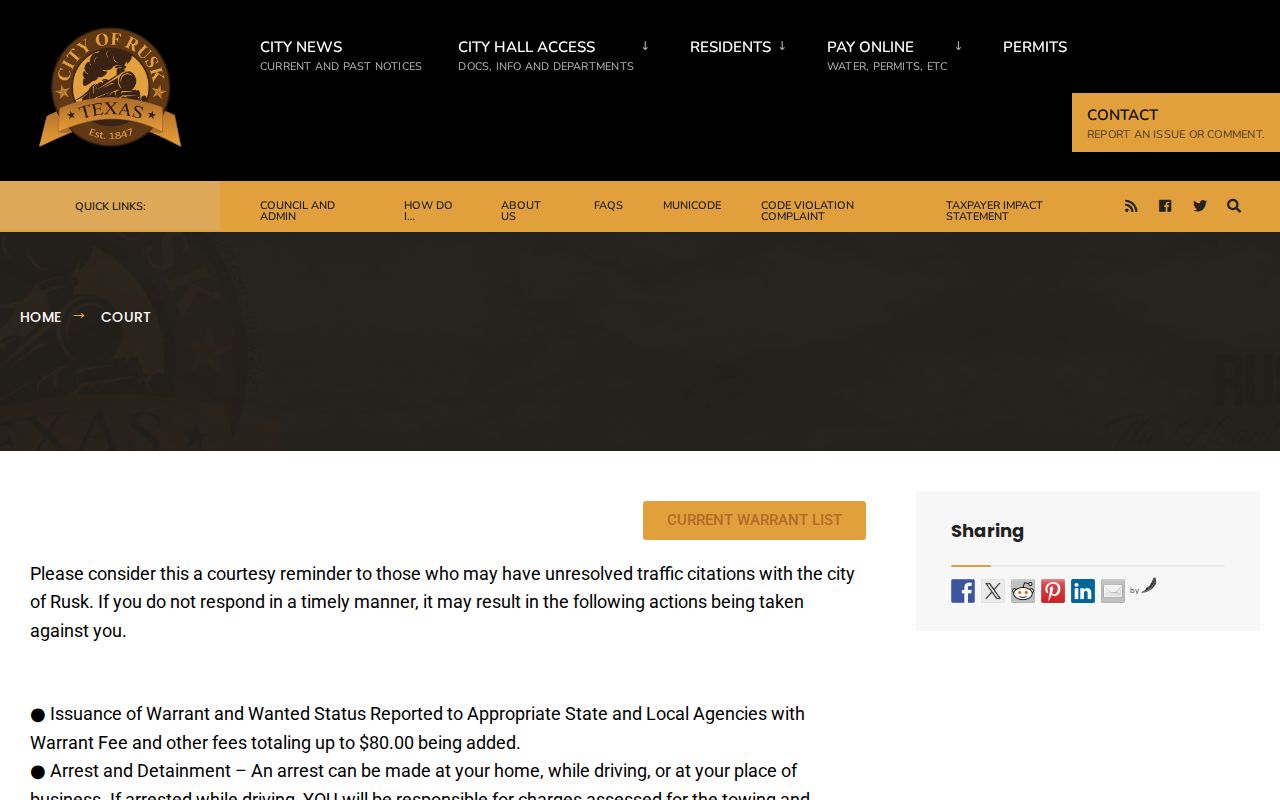 Rusk Municipal Court page for criminal citation records