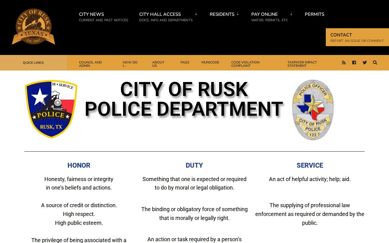 Rusk Police Department page for local criminal report requests